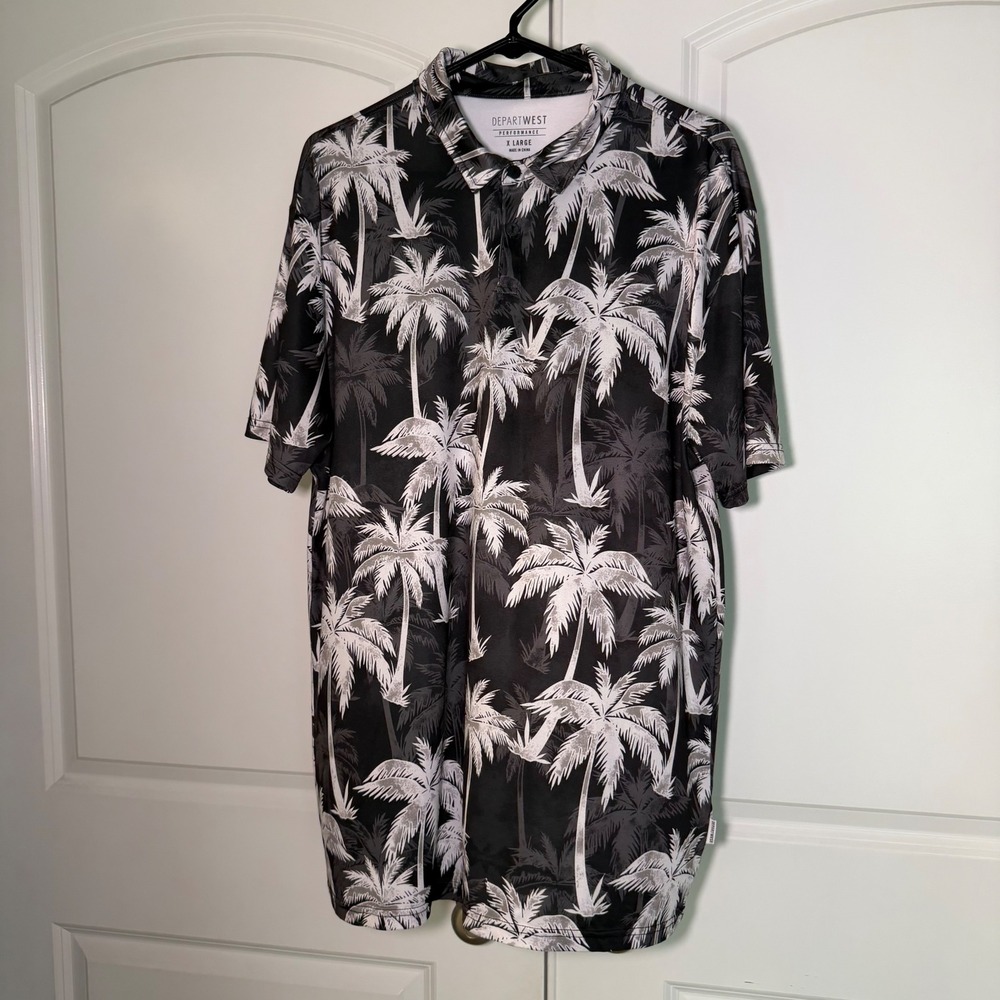 Departwest Performance Polo Mens XL Black White Palm Tree Tropical Golf Shirt